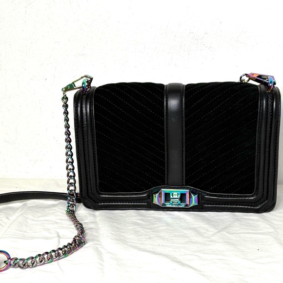 Rebecca Minkoff Oil Slick Suede Iridescent Love Chevron Quilted Crossbody Bag - Picture 2 of 16